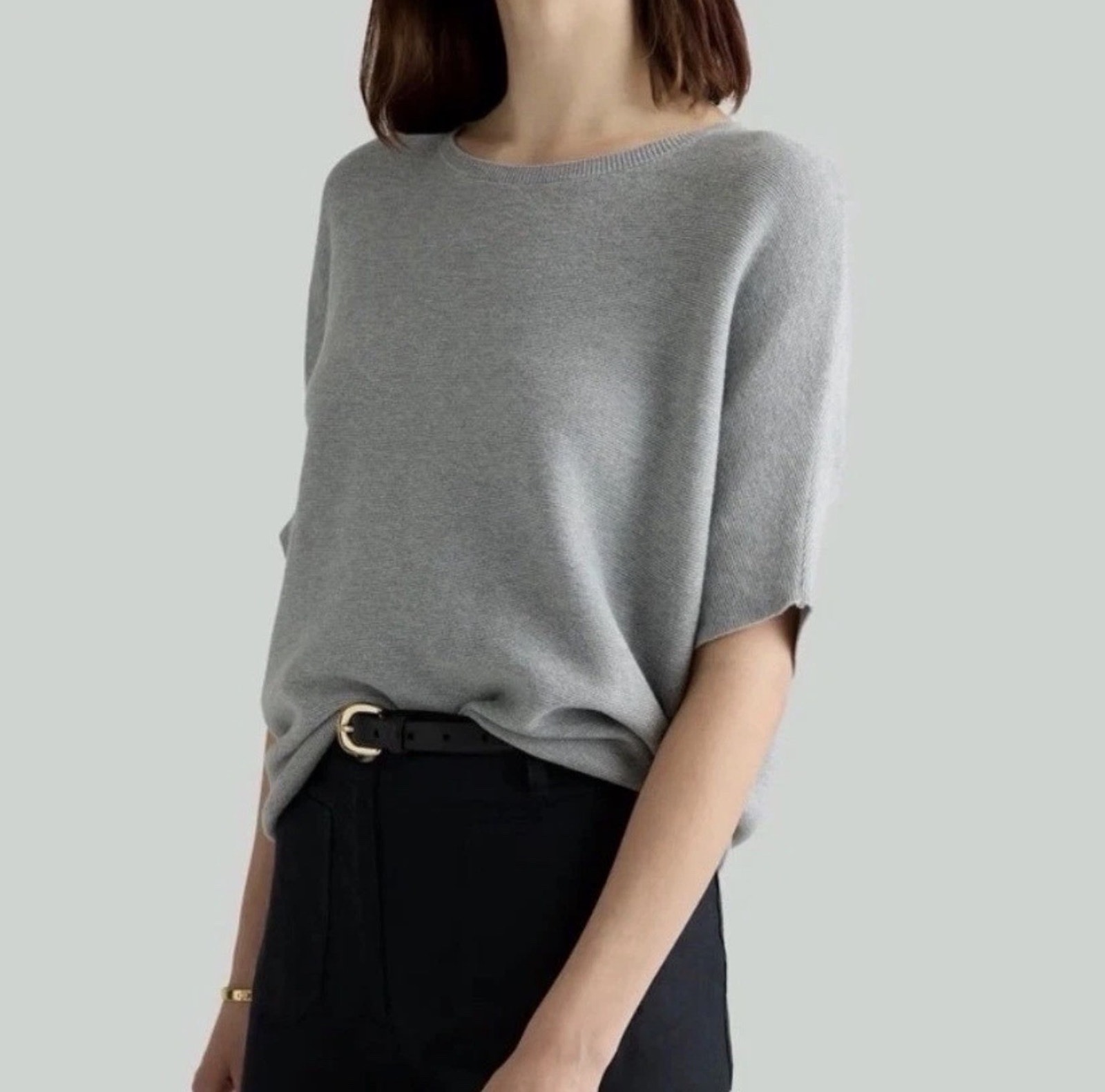 Quince Lightweight Cotton Cashmere Link-Stitch Dolman Sweater Heather Gray Large